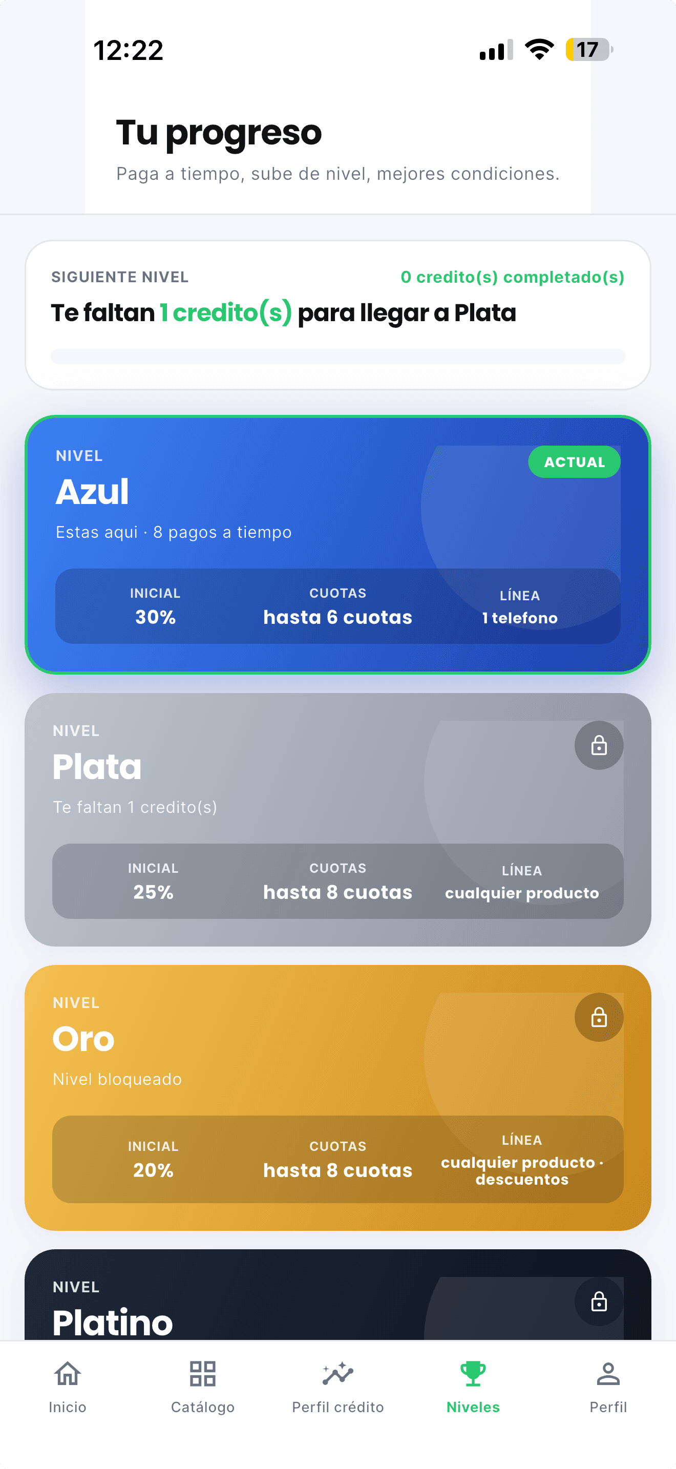App RENOVA — pantalla de Niveles mostrando la tier Azul del sistema de gamificación