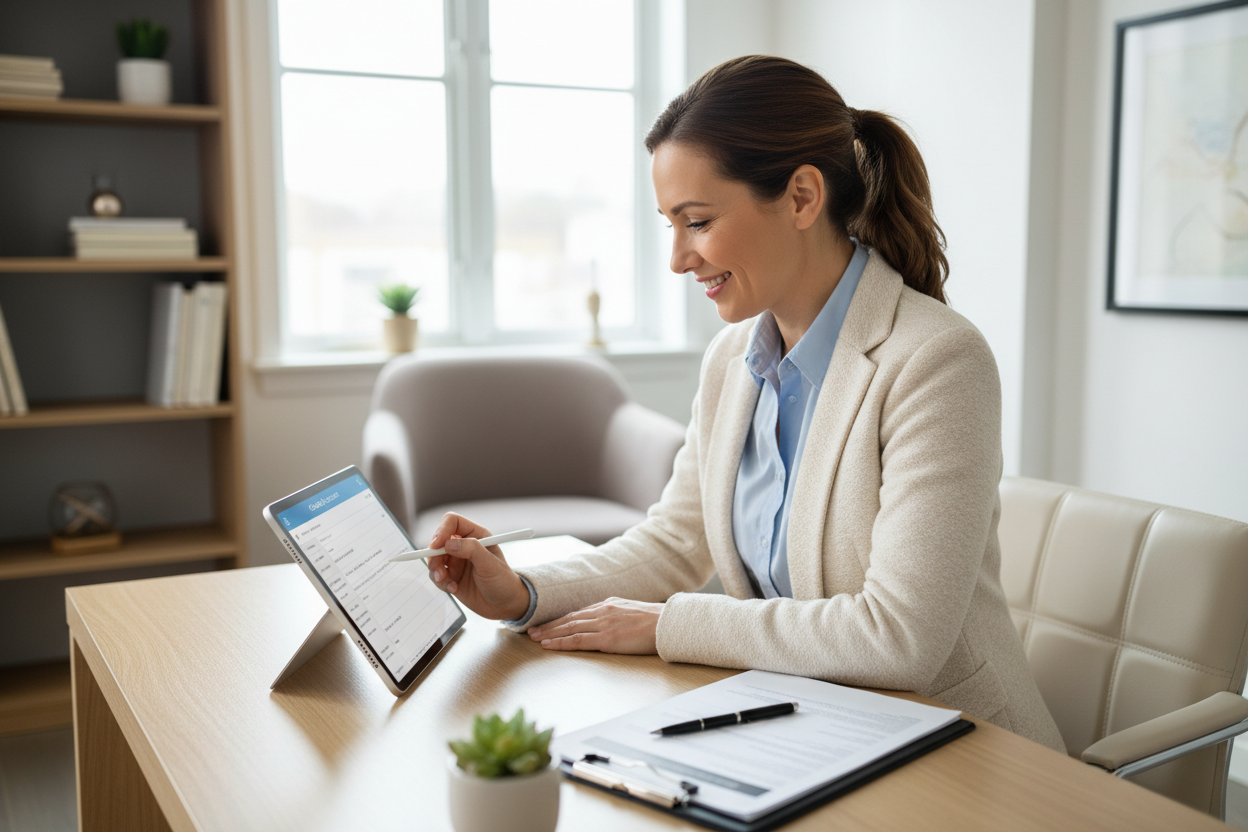 genera una imagen real, de un asesor llenando los datos en un formulario para darle un credito a un cliente